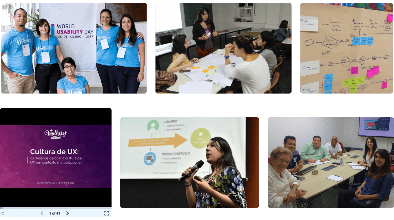 Different pictures of Luciana's professional actuations: organizing events, giving lectures, making flowcharts for apps and websites, presenting talks on events and discussing in a meeting.