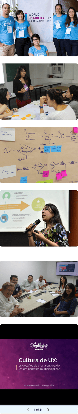 Different pictures of Luciana's professional actuations: organizing events, giving lectures, making flowcharts for apps and websites, presenting talks on events and discussing in a meeting.